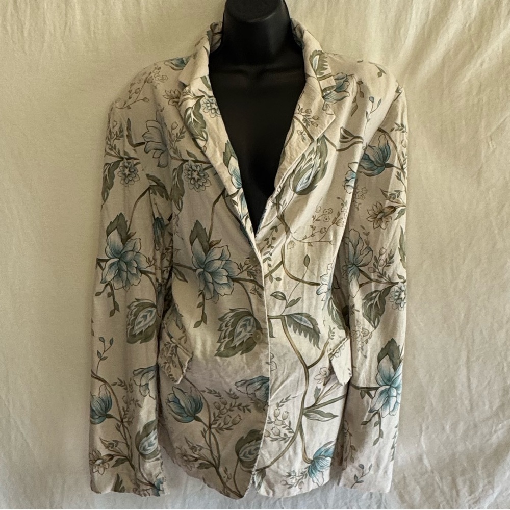 B-40 Kathie Lee Collection Vintage White Blue & Green Floral Linen Blend Blazer